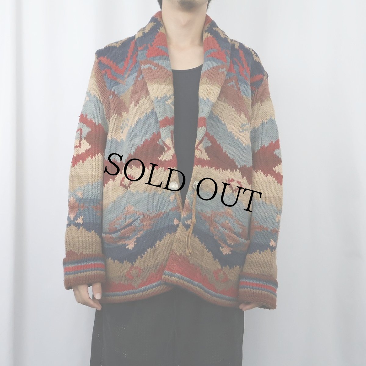 画像2: 80〜90's Ralph Lauren COUNTRY ネイティブ柄 ショールカラー コットンニットガウン L (2)