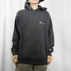 画像2: 90's Champion USA製 青刺繍タグ 後期 ロゴ刺繍 スウェットフーディー BLACK XL (2)