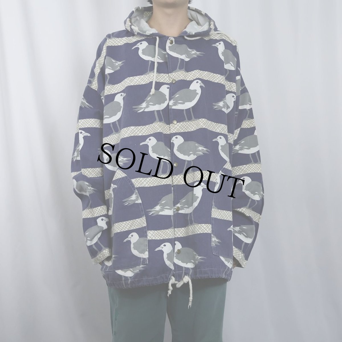 画像2: 80〜90's MICHIGAN RAG USA製 カモメ柄 コットンパーカー NAVY L/XL (2)