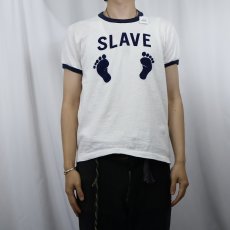画像2: 〜70's ALLISON "SLAVE" 染み込みプリント リンガーTシャツ M (2)