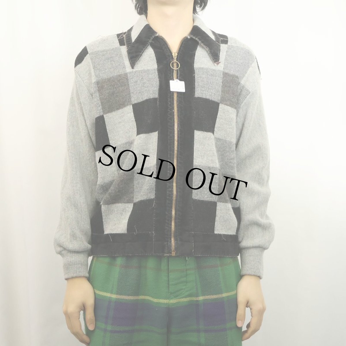 画像2: 70's McBriar 格子柄 ベロア切り替え アクリルニットジャケット (2)