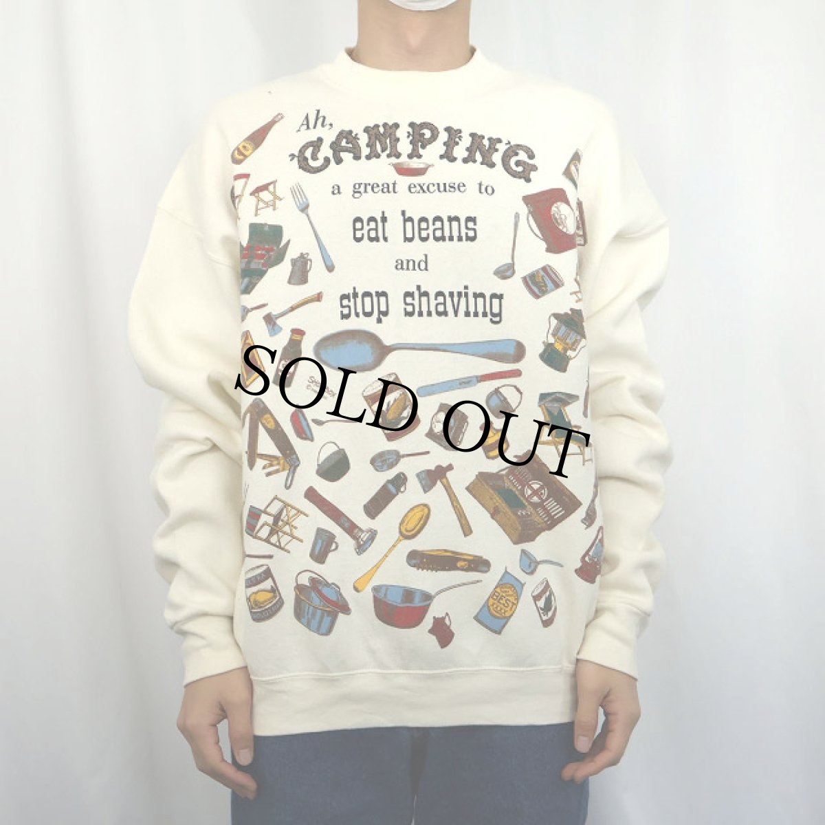 画像2: 90's SHOEBOX USA製 "Ah, CAMPING a great excuse to..." イラストプリントスウェット XL (2)