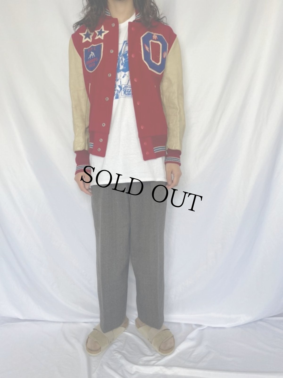 画像2: 60's Whiting ワッペン付き ウール×レザースタジャン 42 (2)