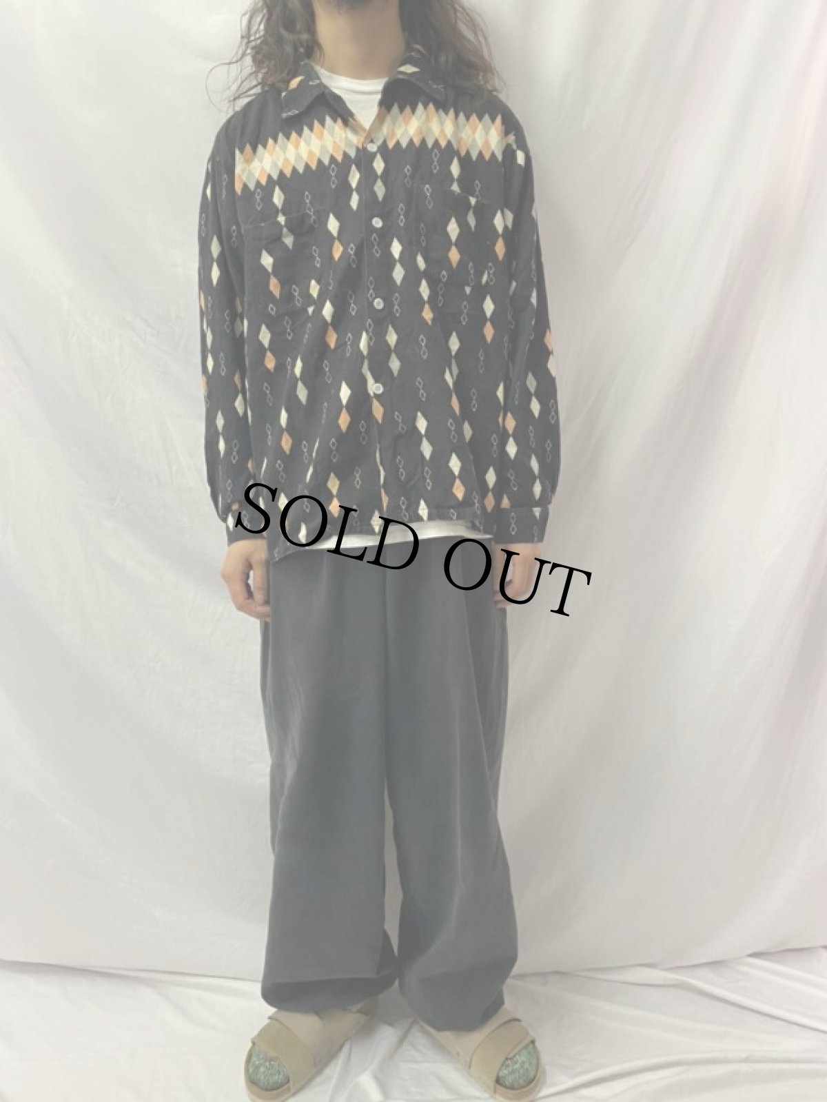 画像2: 50's TOPKIS Sportswear 黒ピン×ダイヤ柄 オープンカラープリントネルシャツ L (2)