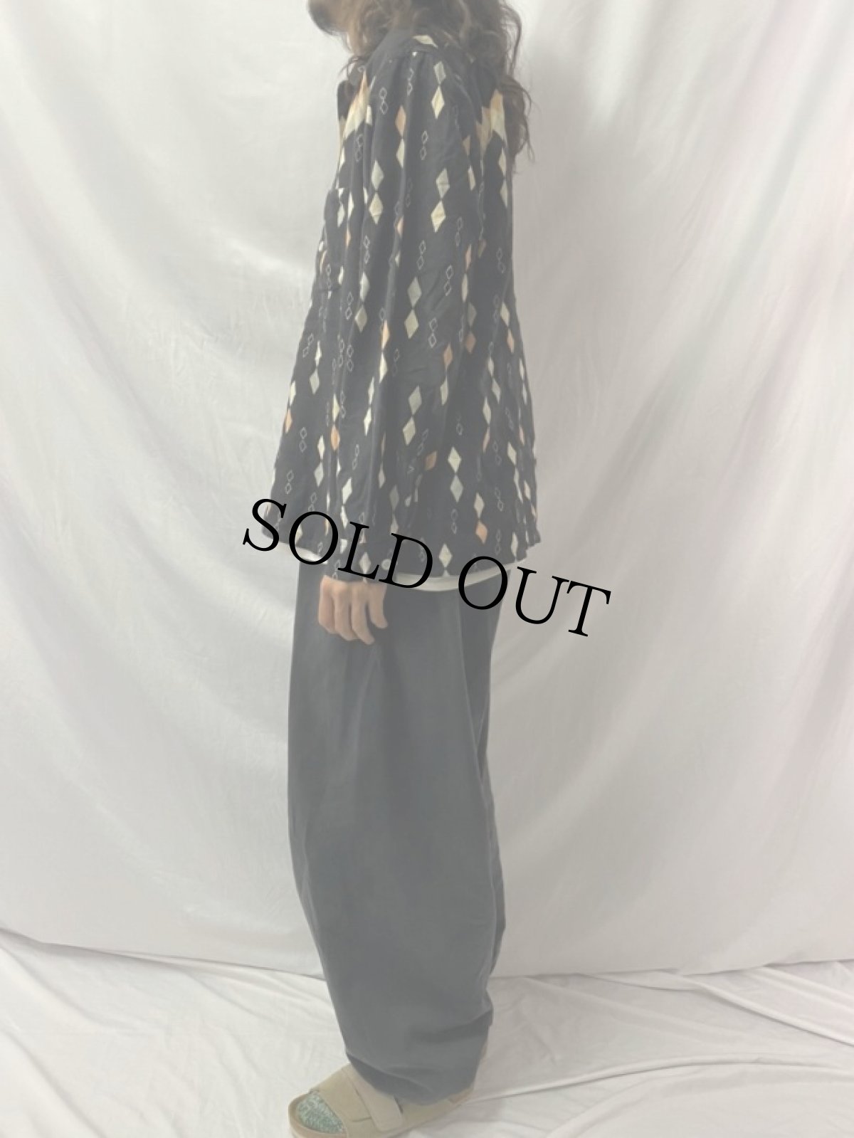 画像3: 50's TOPKIS Sportswear 黒ピン×ダイヤ柄 オープンカラープリントネルシャツ L (3)