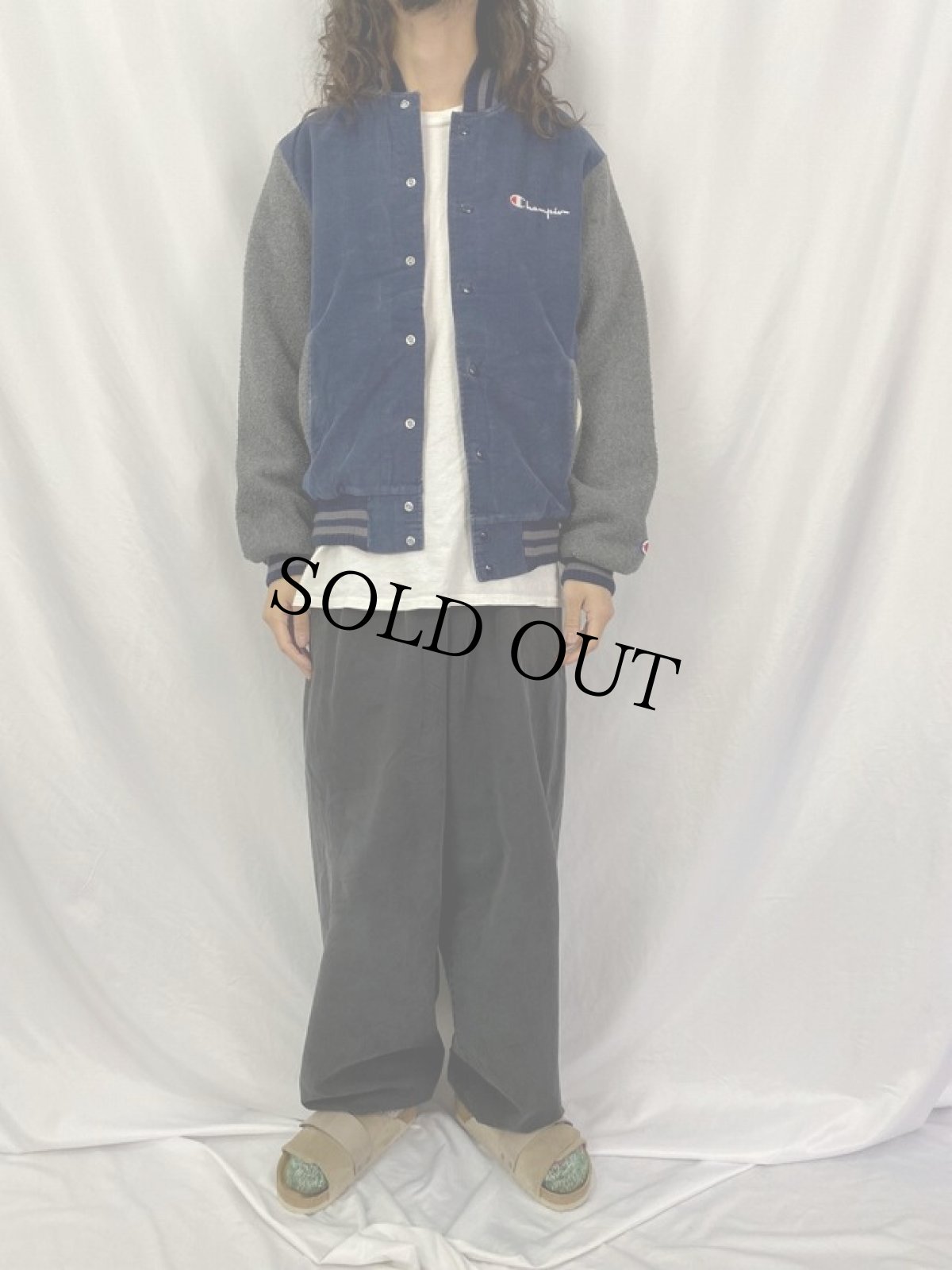 画像2: 90's Champion USA製 ロゴ刺繍 コーデュロイ×フリース スタジャン M (2)
