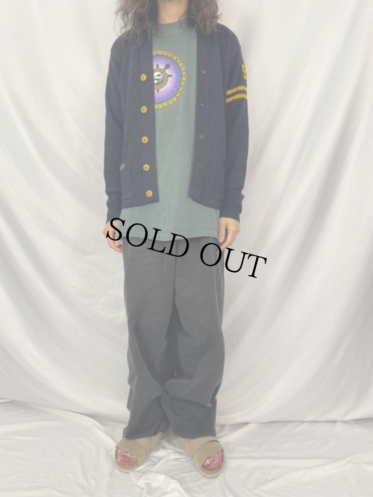 画像2: 50's Detroit Kniting Mills ウールレタードニットカーディガン ブラック (2)