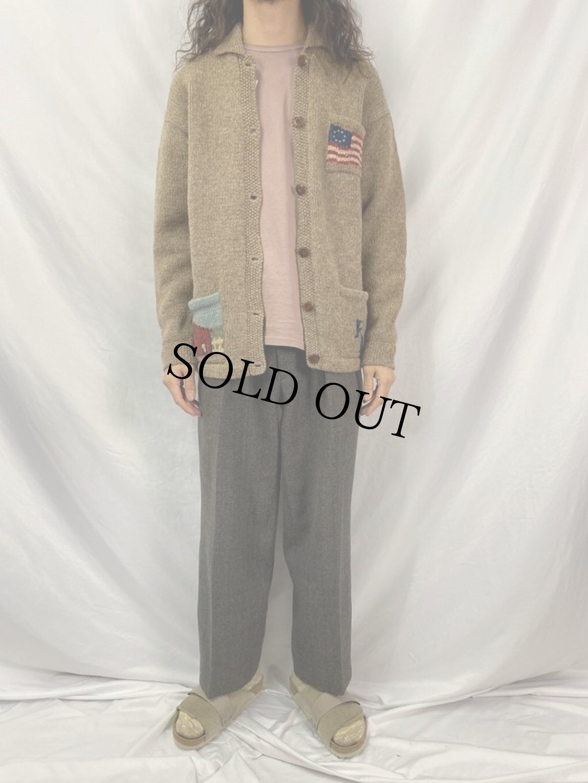 画像3: 90's RALPH LAUREN POLO COUNTRY "RL90×星条旗×馬" 襟付き ウールニットカーディガン M (3)