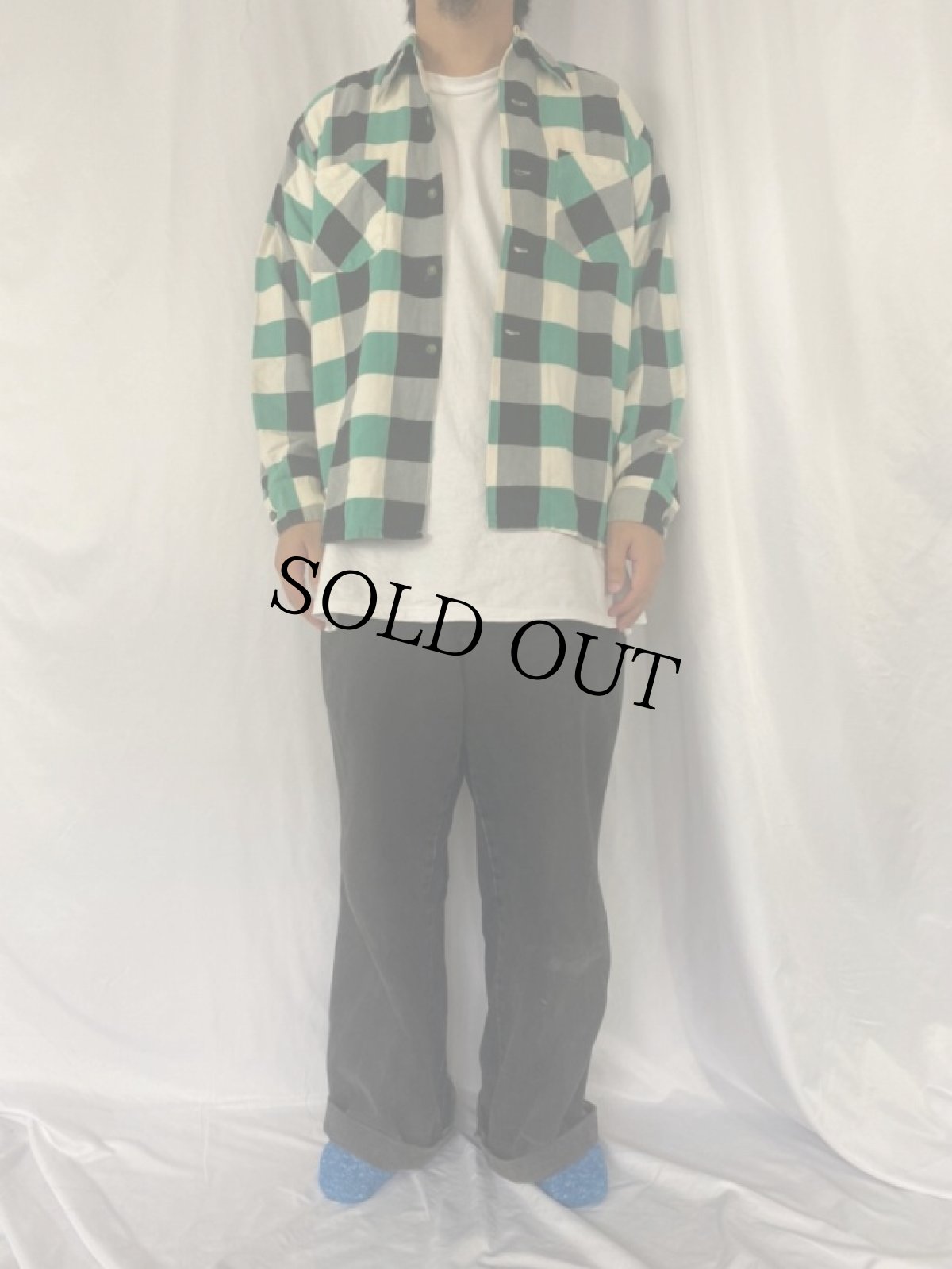 画像2: 50's DEER CREEK ブロックチェック柄 オープンカラーライトネルシャツ M (2)