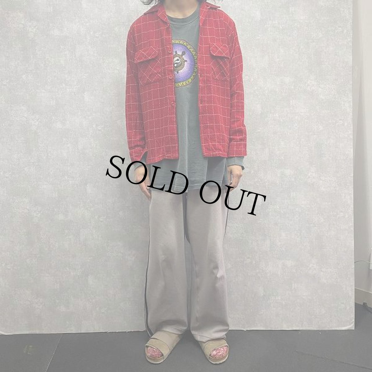 画像2: 50's 格子柄 オープンカラー プリントネルシャツ S (2)