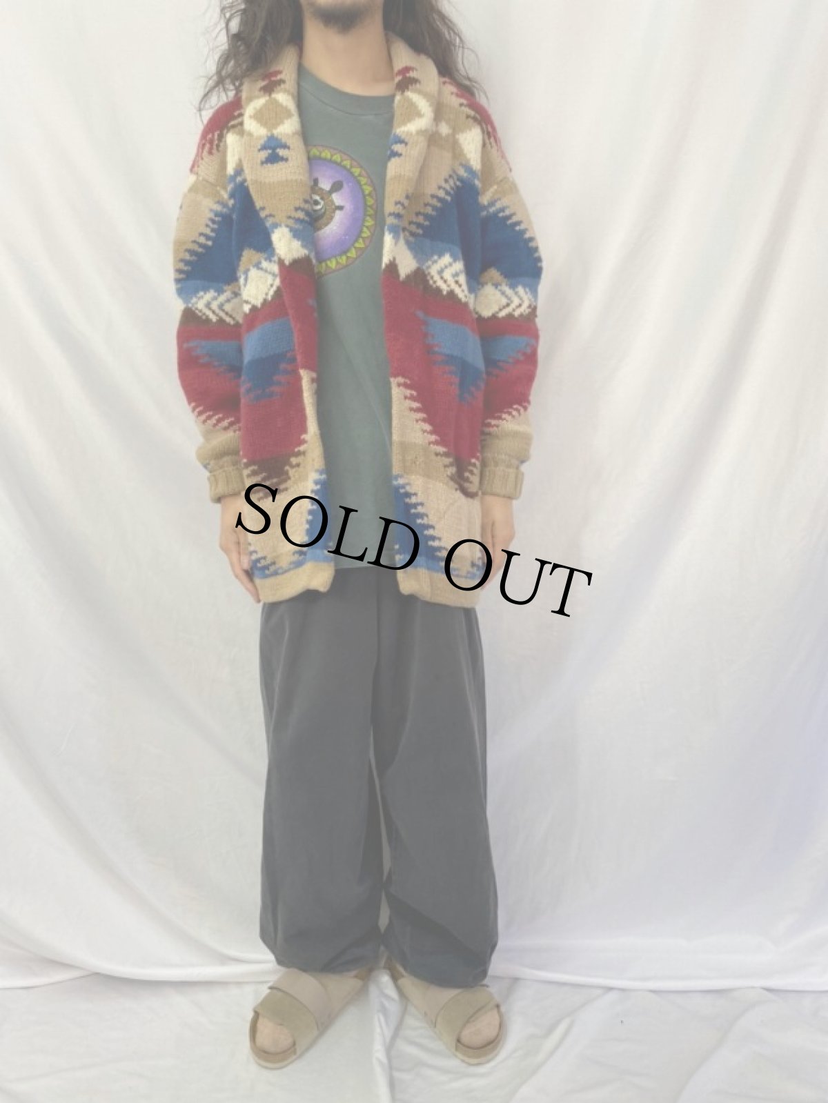 画像2: 80〜90's POLO COUNTRY Ralph Lauren ネイティブ柄 ショールカラーニットガウン L (2)