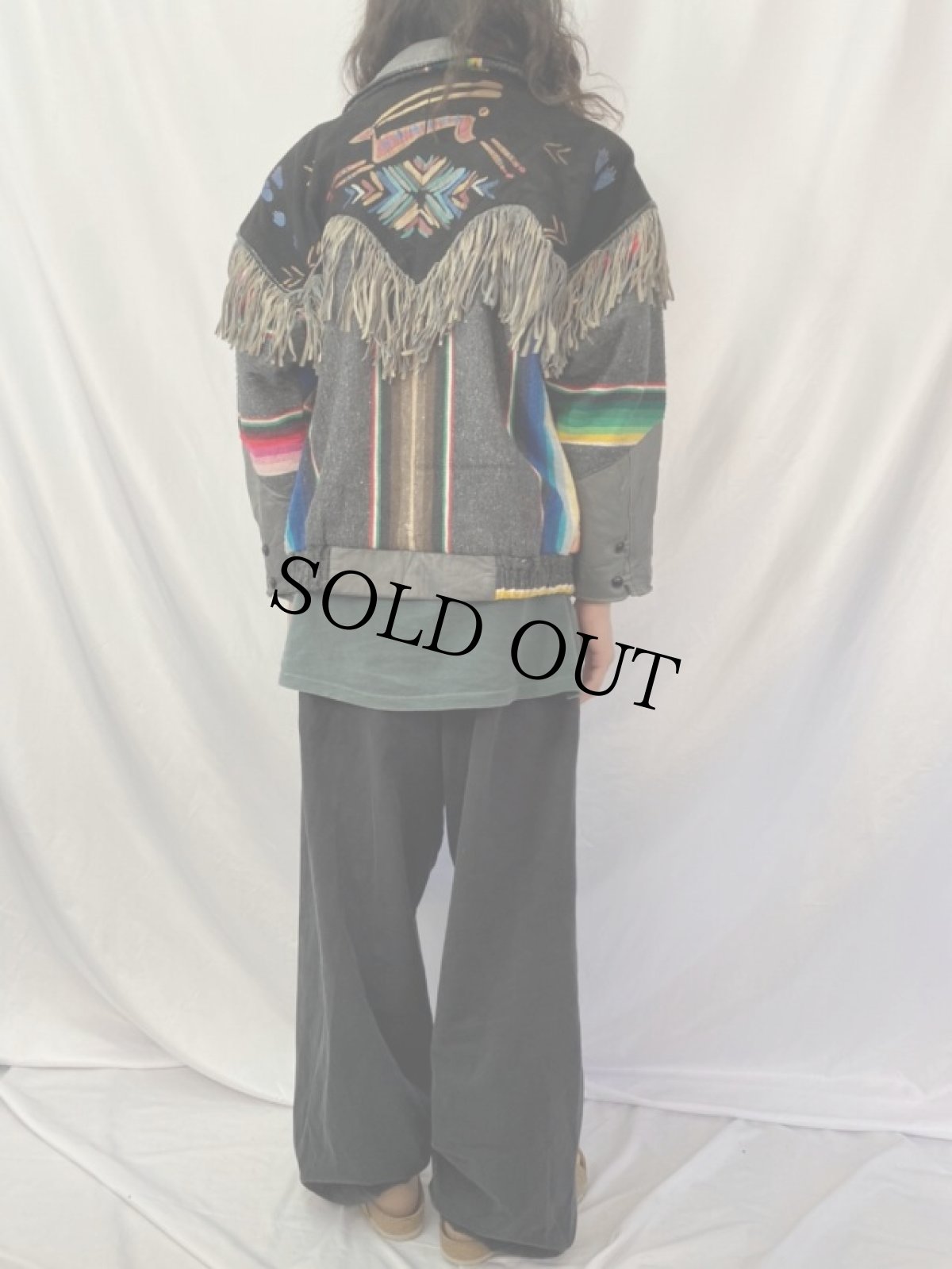 画像4: 80〜90’s char フリンジデザイン レザー切り替えメキシカンジャケット (4)