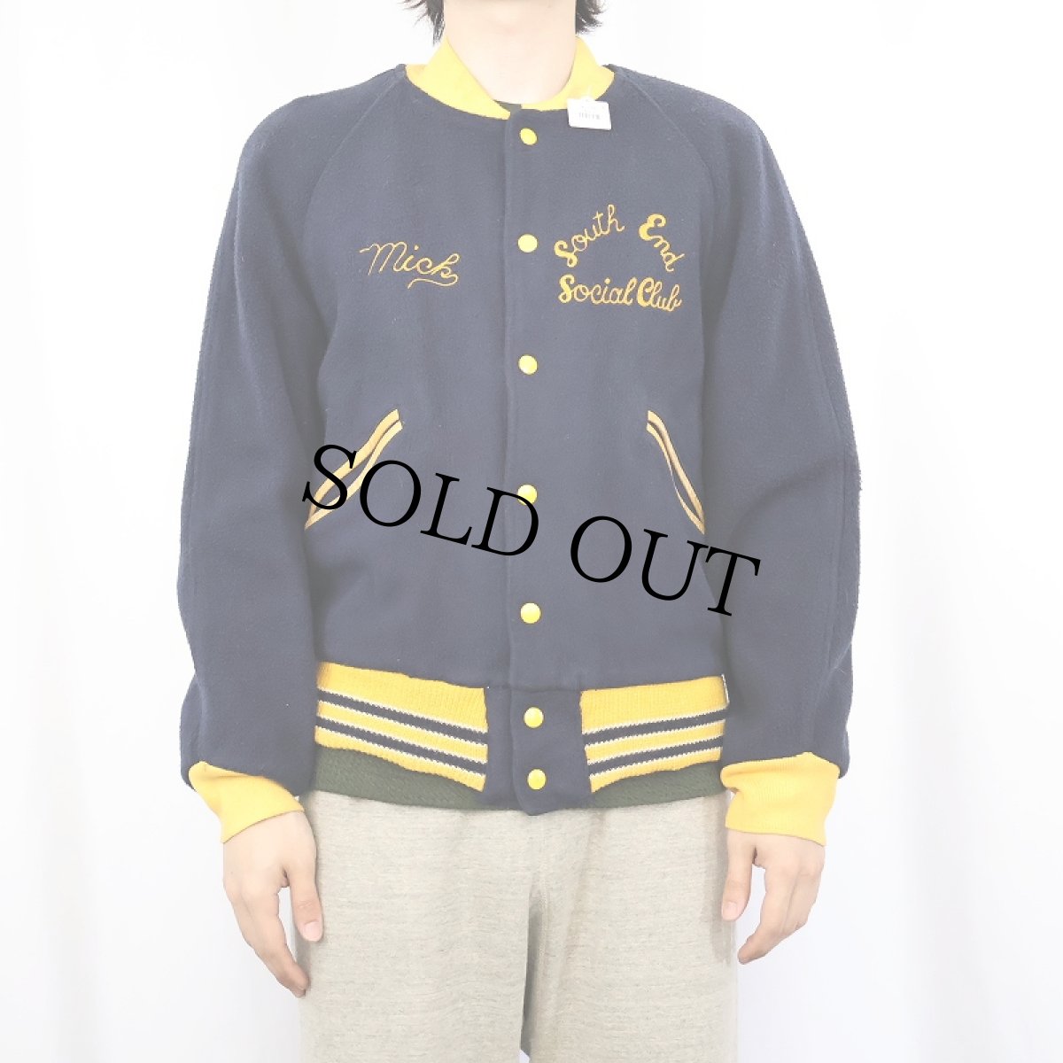画像2: 60〜70's "South End Social Club" チェーン刺繍 ウールスタジャン NAVY (2)