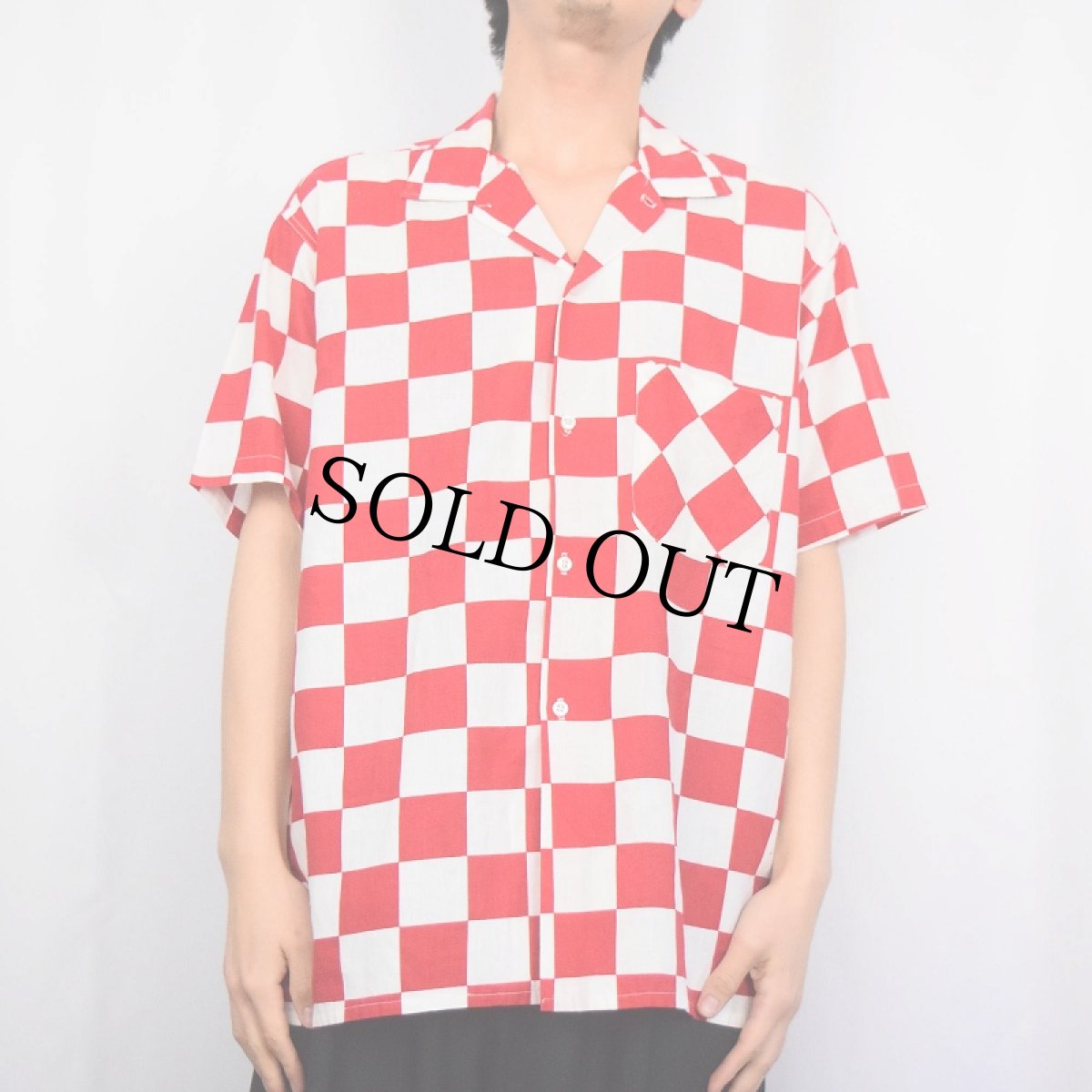 画像2: 60's Spindlecity チェッカー柄 コットンオープンカラーシャツ L (2)
