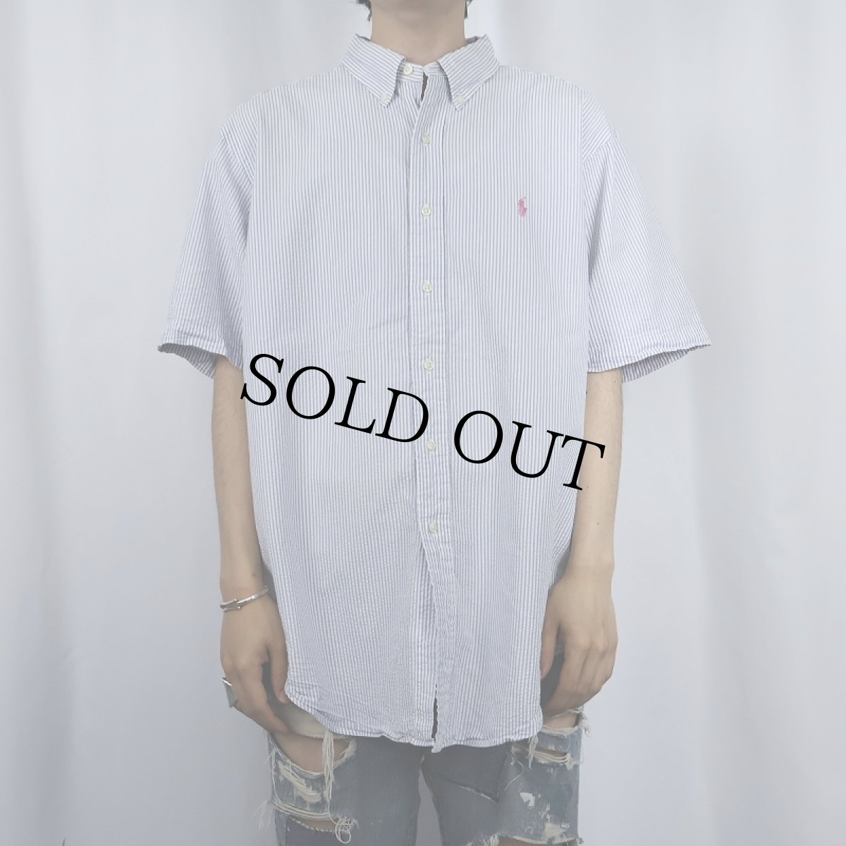 画像2: POLO Ralph Lauren "CLASSIC FIT" ストライプ柄 ロゴ刺繍 シアサッカーボタンダウンシャツ XL (2)