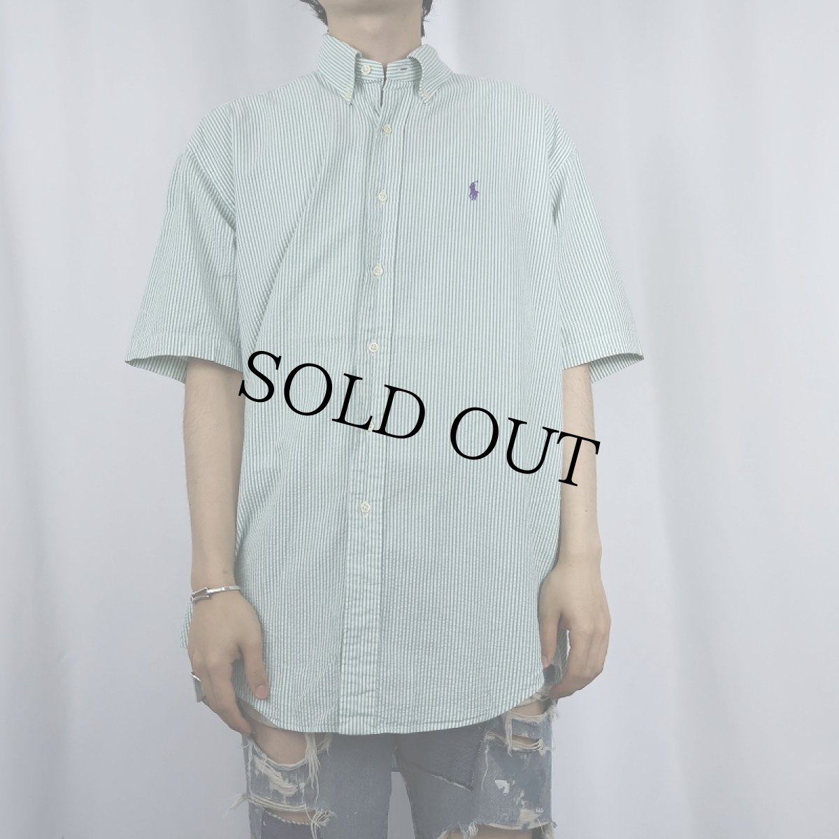 画像2: POLO Ralph Lauren "BLAKE" ストライプ柄 ロゴ刺繍 シアサッカーボタンダウンシャツ M (2)