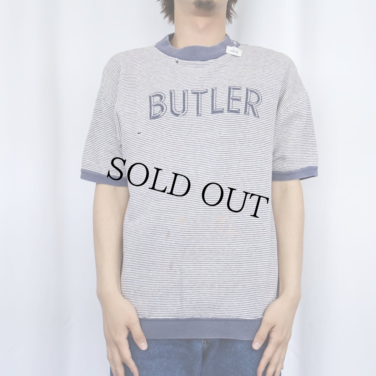 画像2: 60's CHAMPION PRODUCTSタグ "BUTLER" 染み込みプリント ボーダー柄 半袖リンガースウェット (2)