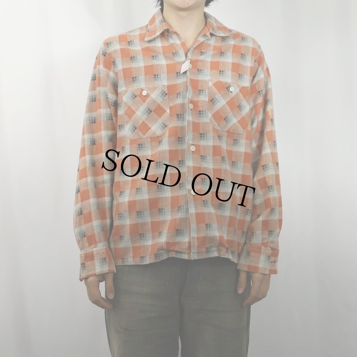 画像2: 60's MYLAN チェック柄 プリントネル オープンカラーシャツ S (2)