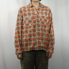 画像2: 60's MYLAN チェック柄 プリントネル オープンカラーシャツ S (2)