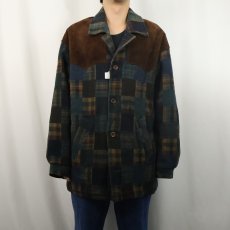 画像2: UK製 スエード切り替え チェック柄 パッチワーク ウールジャケット (2)