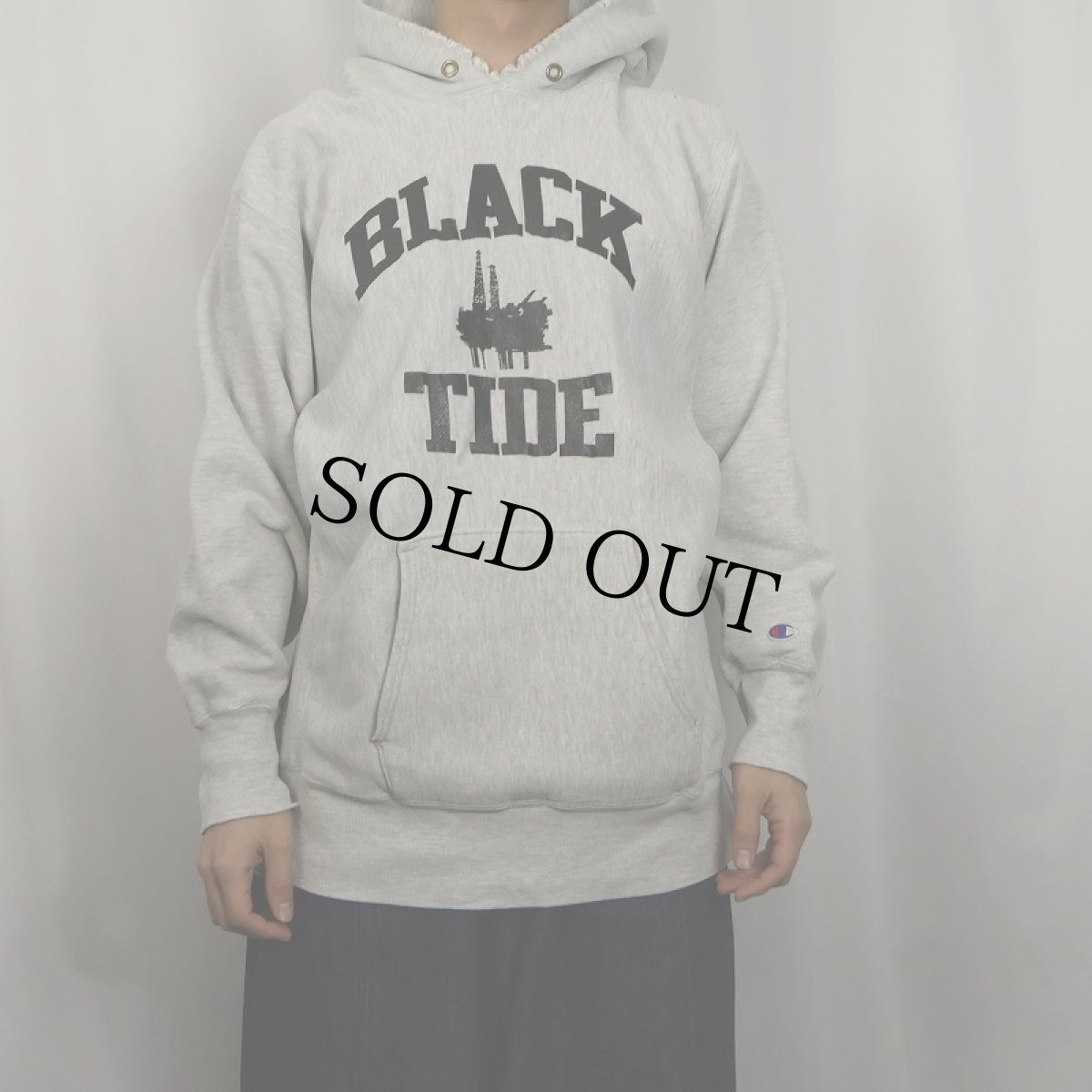 画像2: 90's Champion REVERSE WEAVE USA製 "BLACK TIDE" プリントスウェットフーディー XL (2)