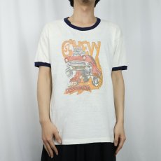 画像2: 60〜70's FORD DESTROYER 染み込みプリント リンガーTシャツ L (2)