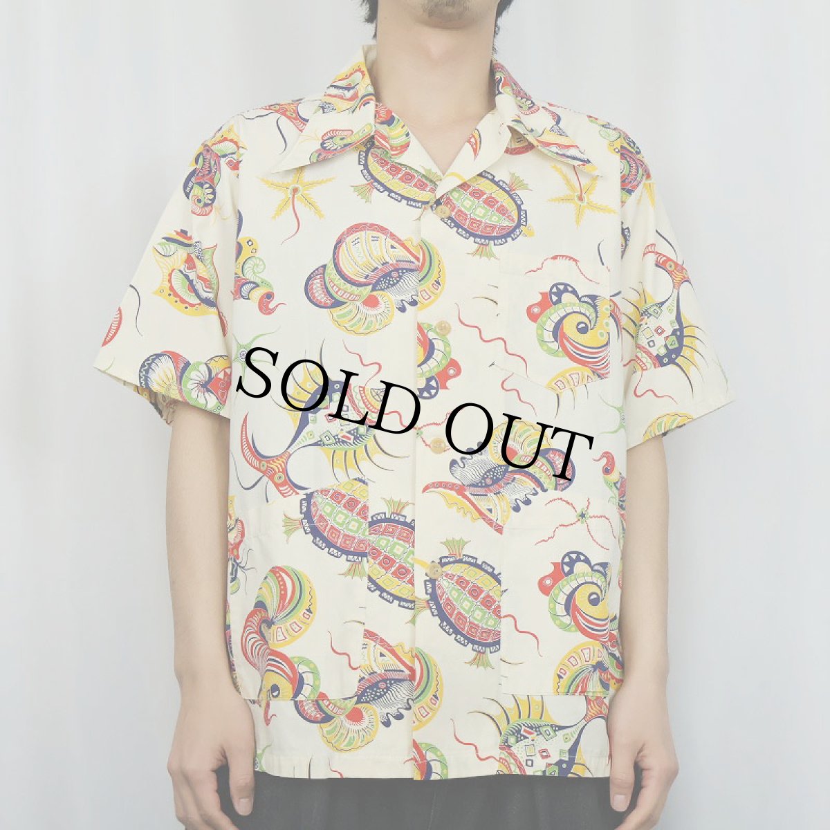 画像2: 40's オールオーバーパターン コットンハワイアンシャツ L (2)