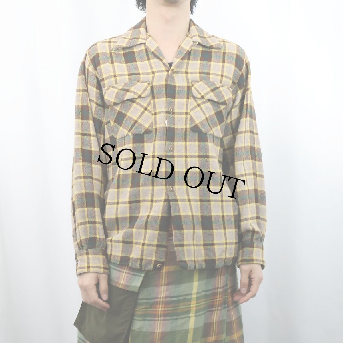 画像2: 50's Concordia Classic チェック柄 ウール オープンカラーシャツ M (2)