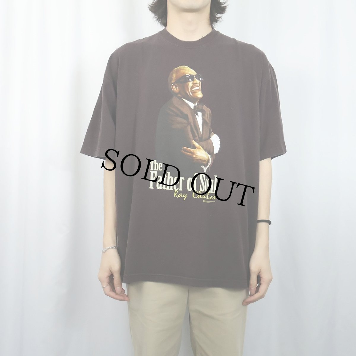 画像2: 2000's Ray Charles "The Father Of Soul" ピアニスト プリントTシャツ BROWN 1X (2)