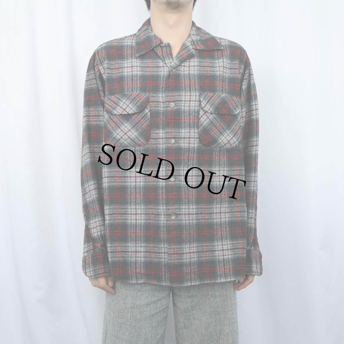 画像2: 50〜60's PENDLETON オンブレーチェック柄 ウールオープンカラーシャツ L (2)