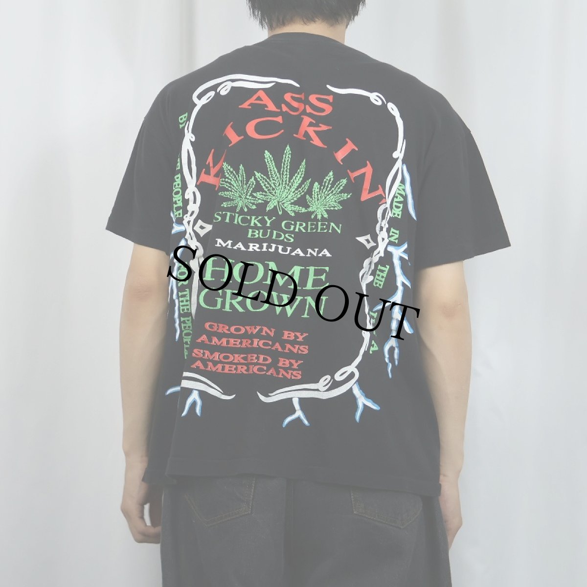 画像3: 90's ASS KICKIN' HOME-GROWN ガンジャ パロディプリントTシャツ BLACK (3)