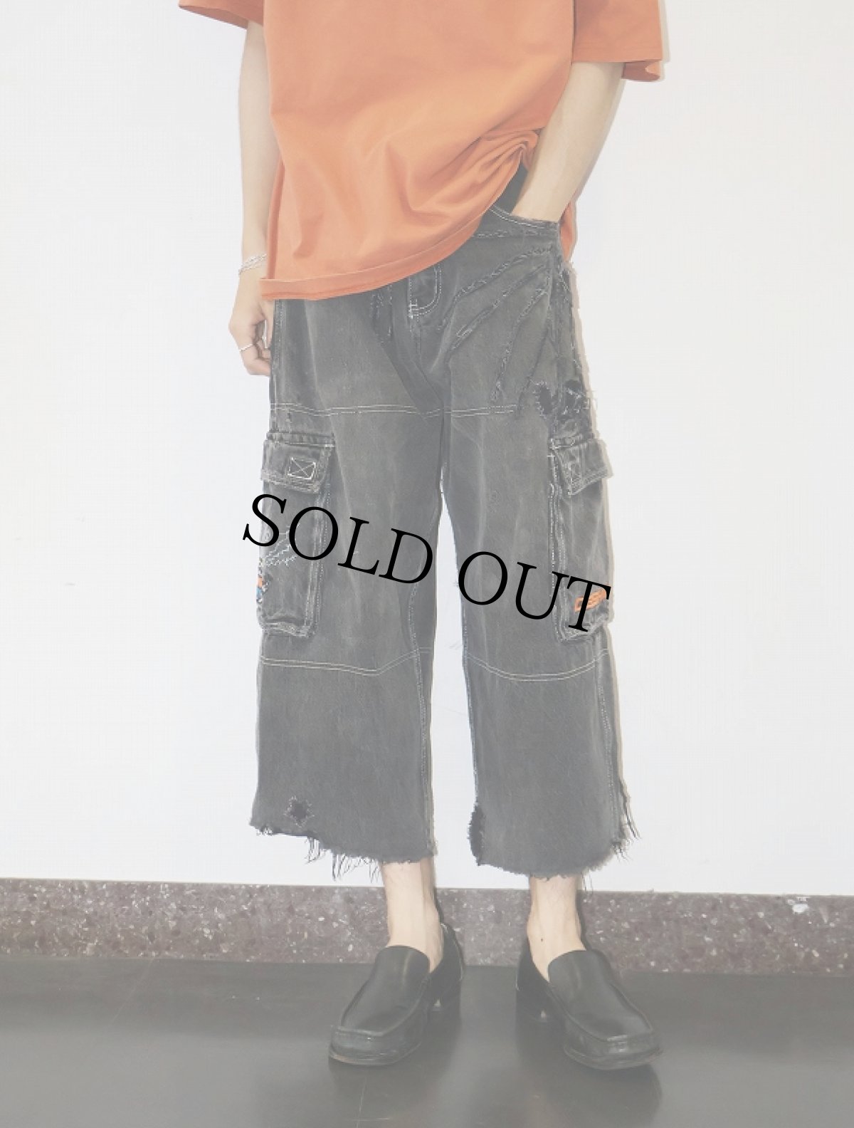 画像1: CASH ONLY ブラックデニム カーゴパンツ W20-34 (1)