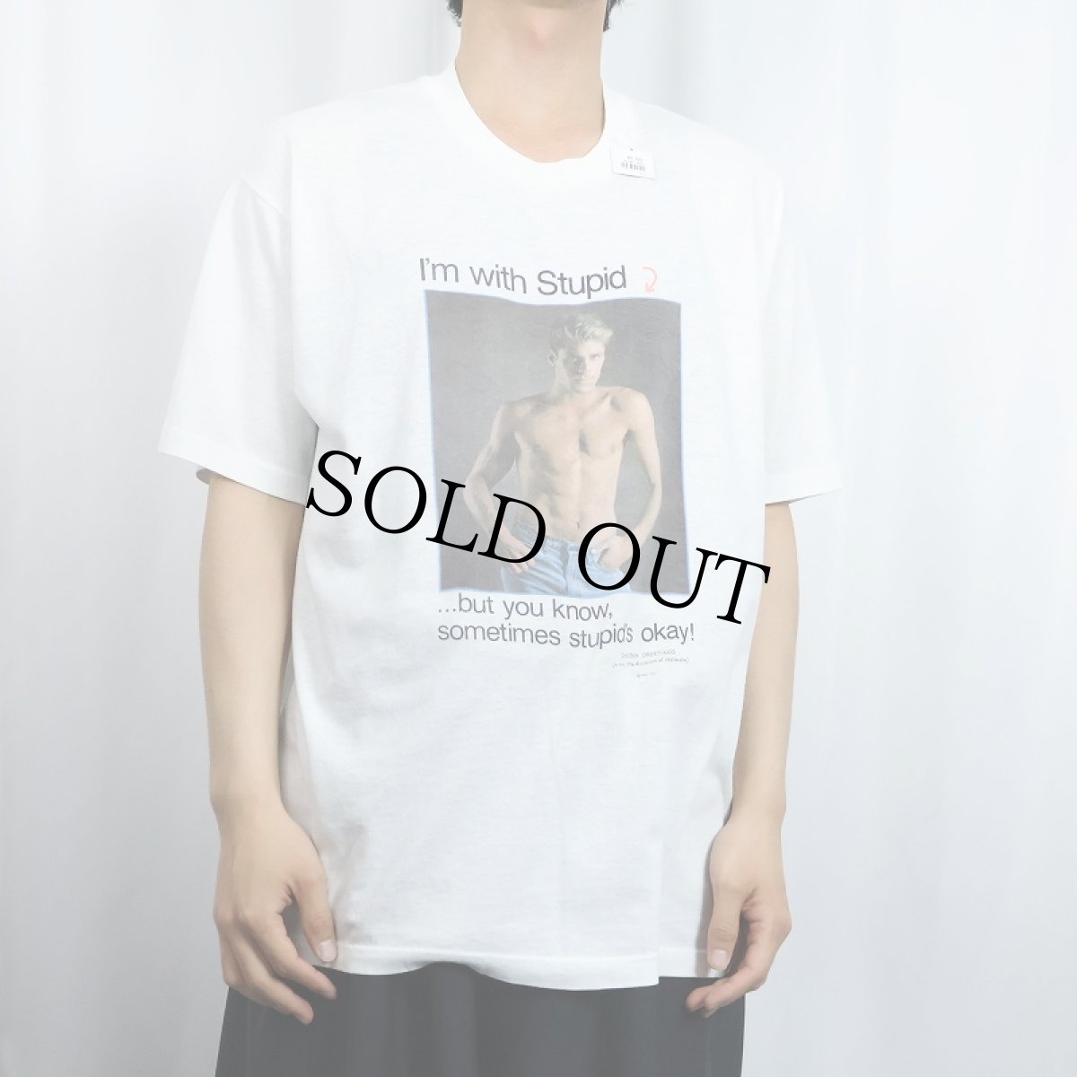 画像2: 80〜90's SHOEBOX GREETINGS USA製 "I'm with Stupid" ジョークプリントTシャツ XL (2)