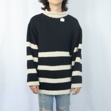 画像2: ボーダー柄 アクリル×ウール ハイネックニットセーター BLACK XL (2)