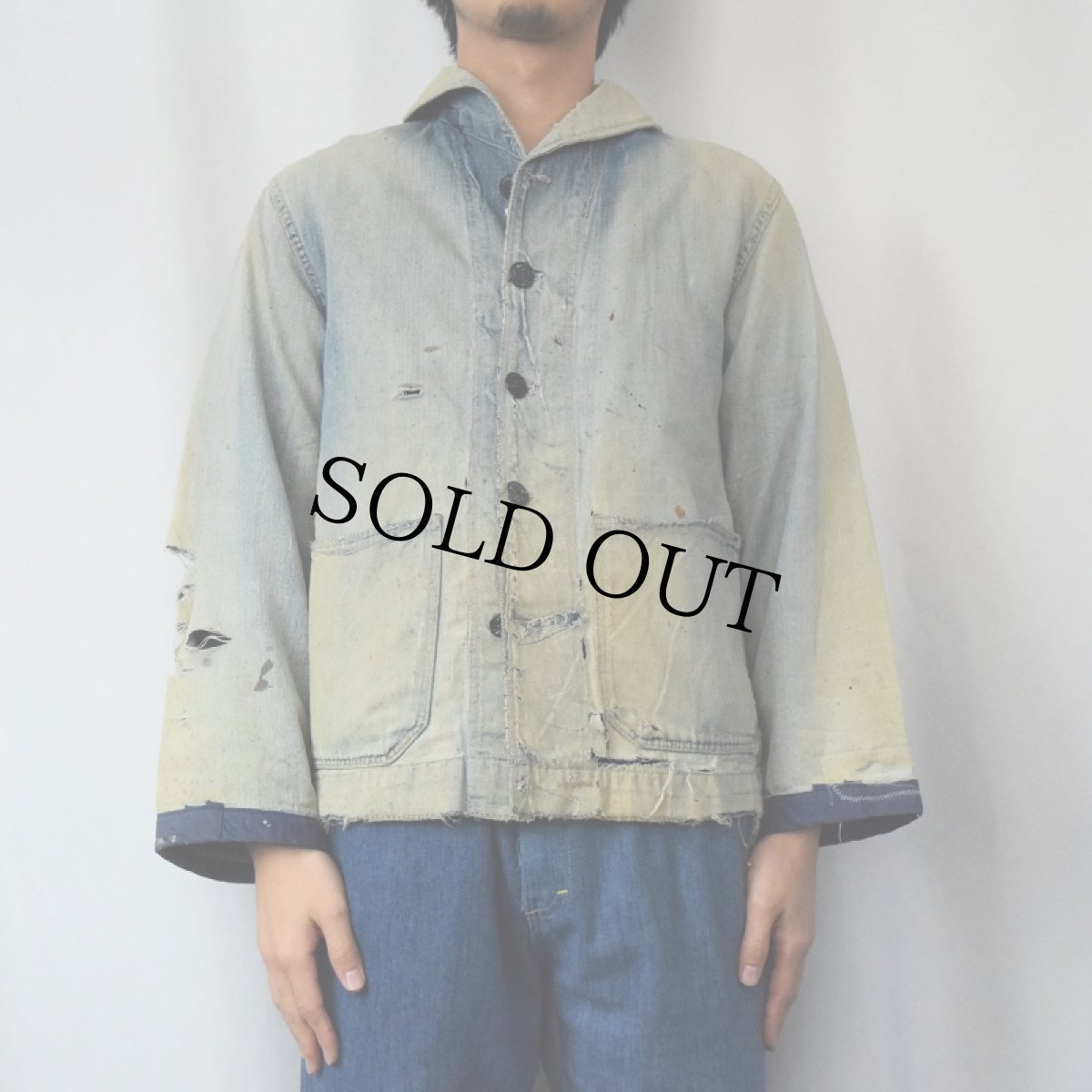 画像2: 40's U.S.NAVY チェンジボタン ショールカラーデニムカバーオール (2)