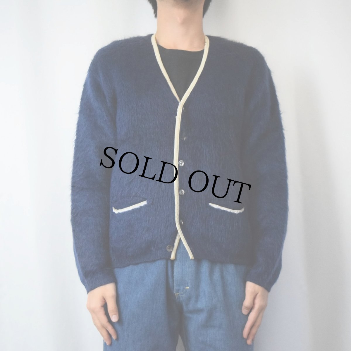 画像2: 60's McGREGOR USA製 "Powder Snow" レザーパイピング モヘアニットカーディガン BLUE M (2)