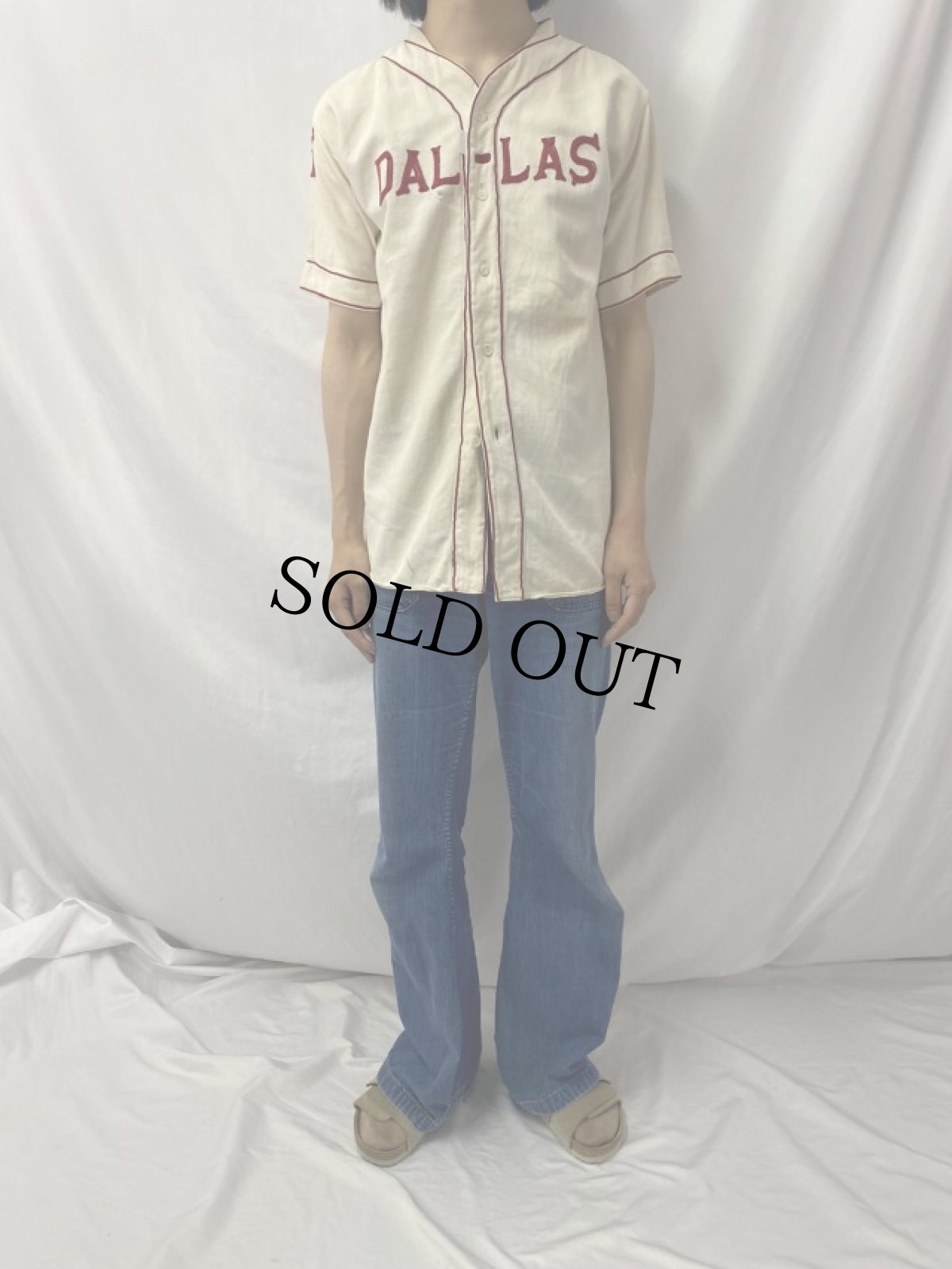 画像2: 30〜40's "DAL-LAS" チェーン刺繍 コットンベースボールシャツ (2)