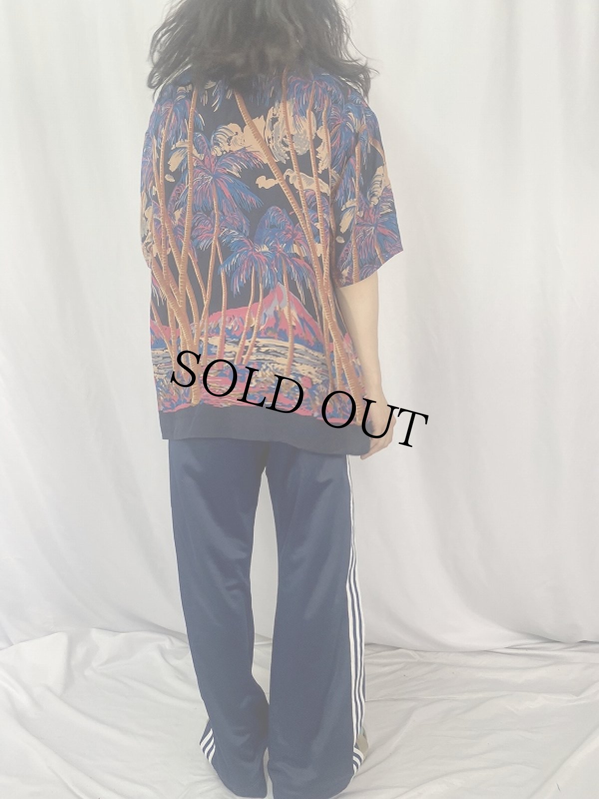 画像4: ヤシの木柄 ホリゾンタルパターン シルクアロハシャツ L (4)