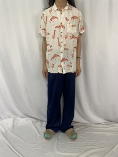 画像2: フラミンゴ柄 レーヨンオープンカラーシャツ L (2)