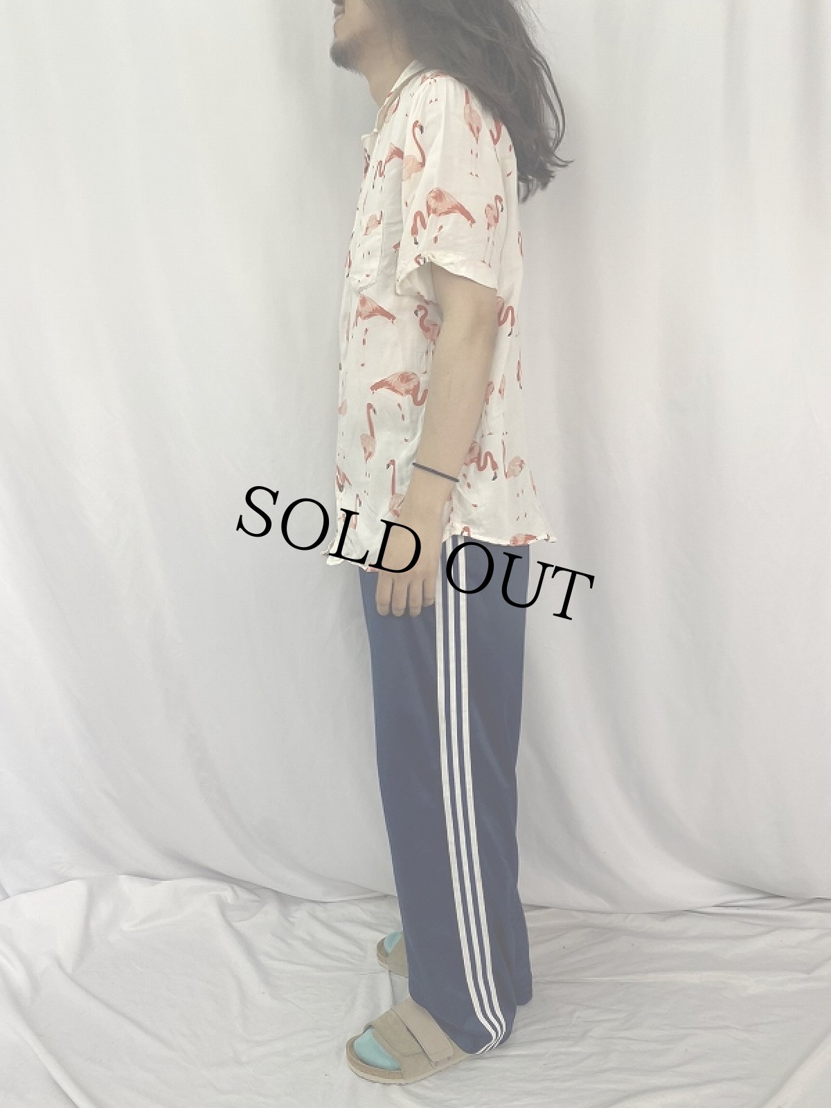 画像3: フラミンゴ柄 レーヨンオープンカラーシャツ L (3)