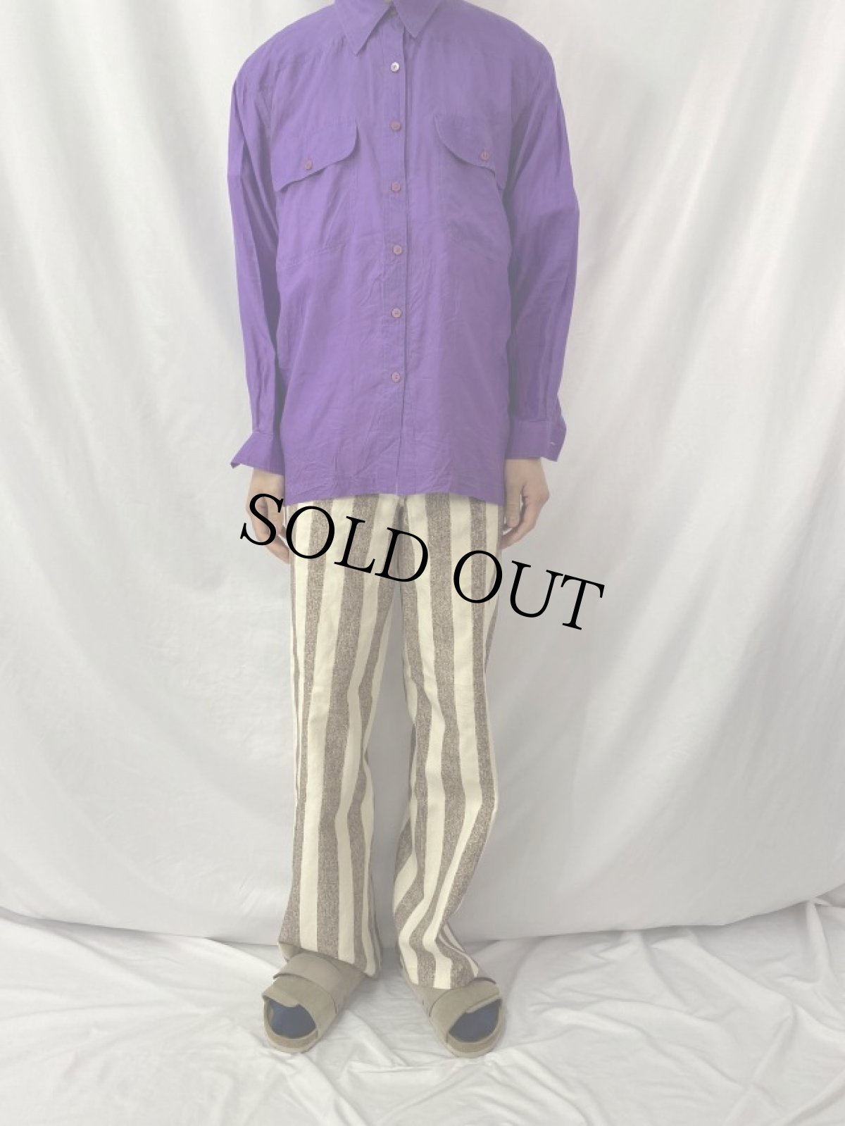 画像2: 70's ストライプ柄 コットンフレアパンツ W31 (2)