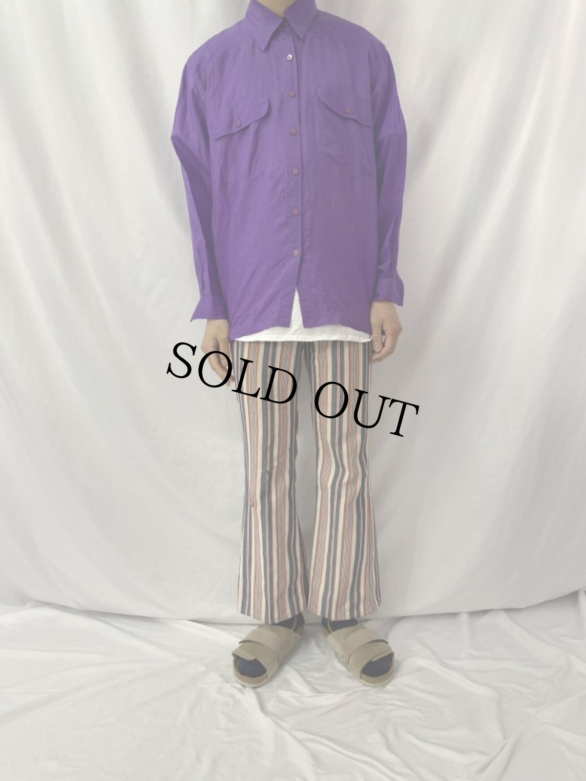 画像2: 70's Wrangler USA製 ストライプ柄 コットンフレアパンツ W28 (2)