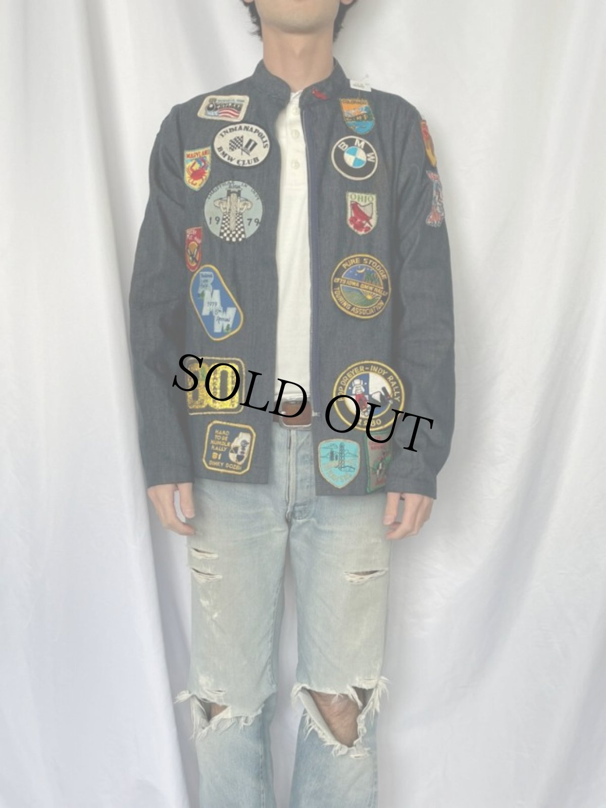 画像2: 80's レーシングワッペン付き スタンドカラーデニムジャケット (2)