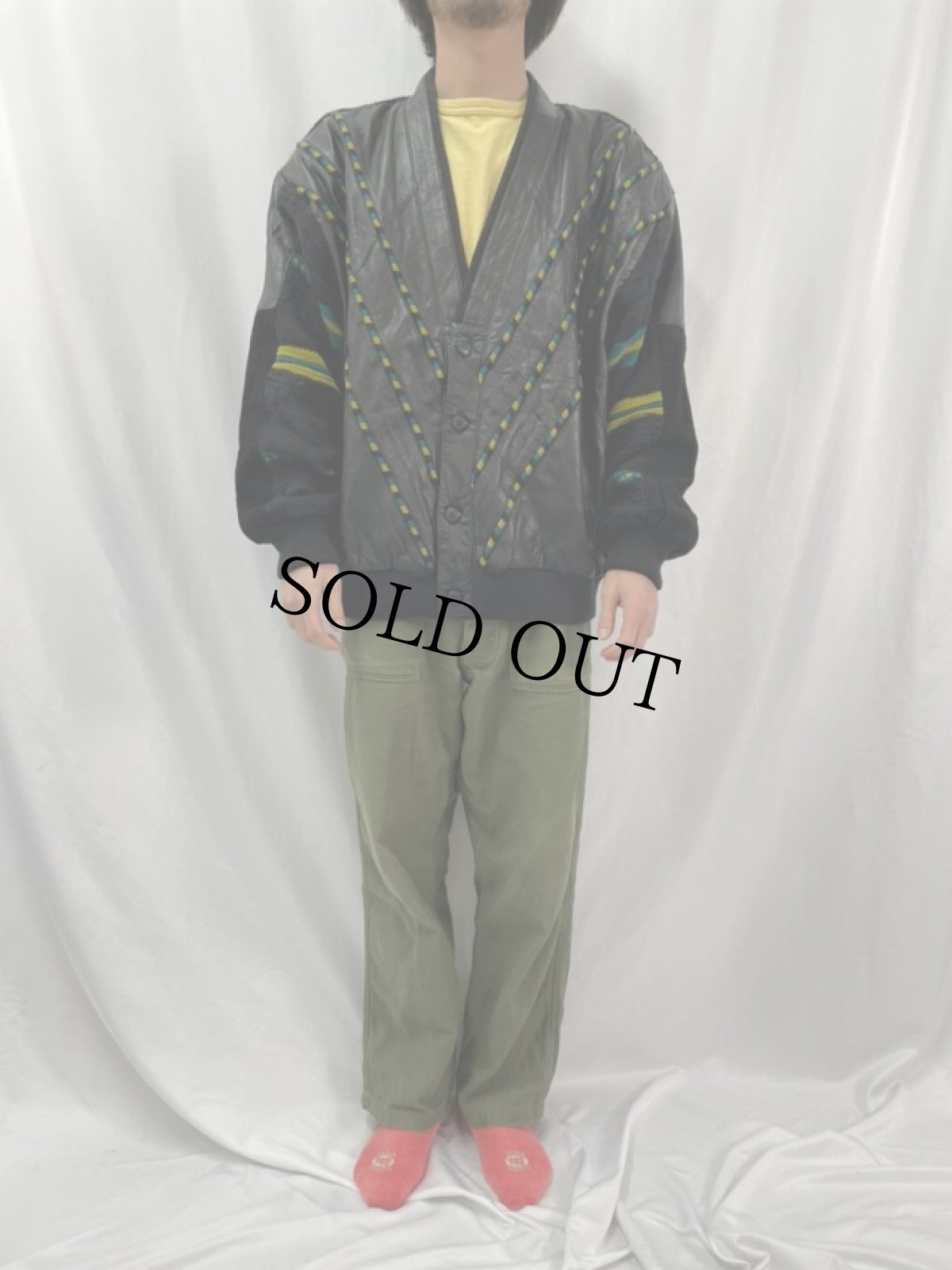 画像2: SAXONY パッチワークレザー×3Dニットジャケット L (2)