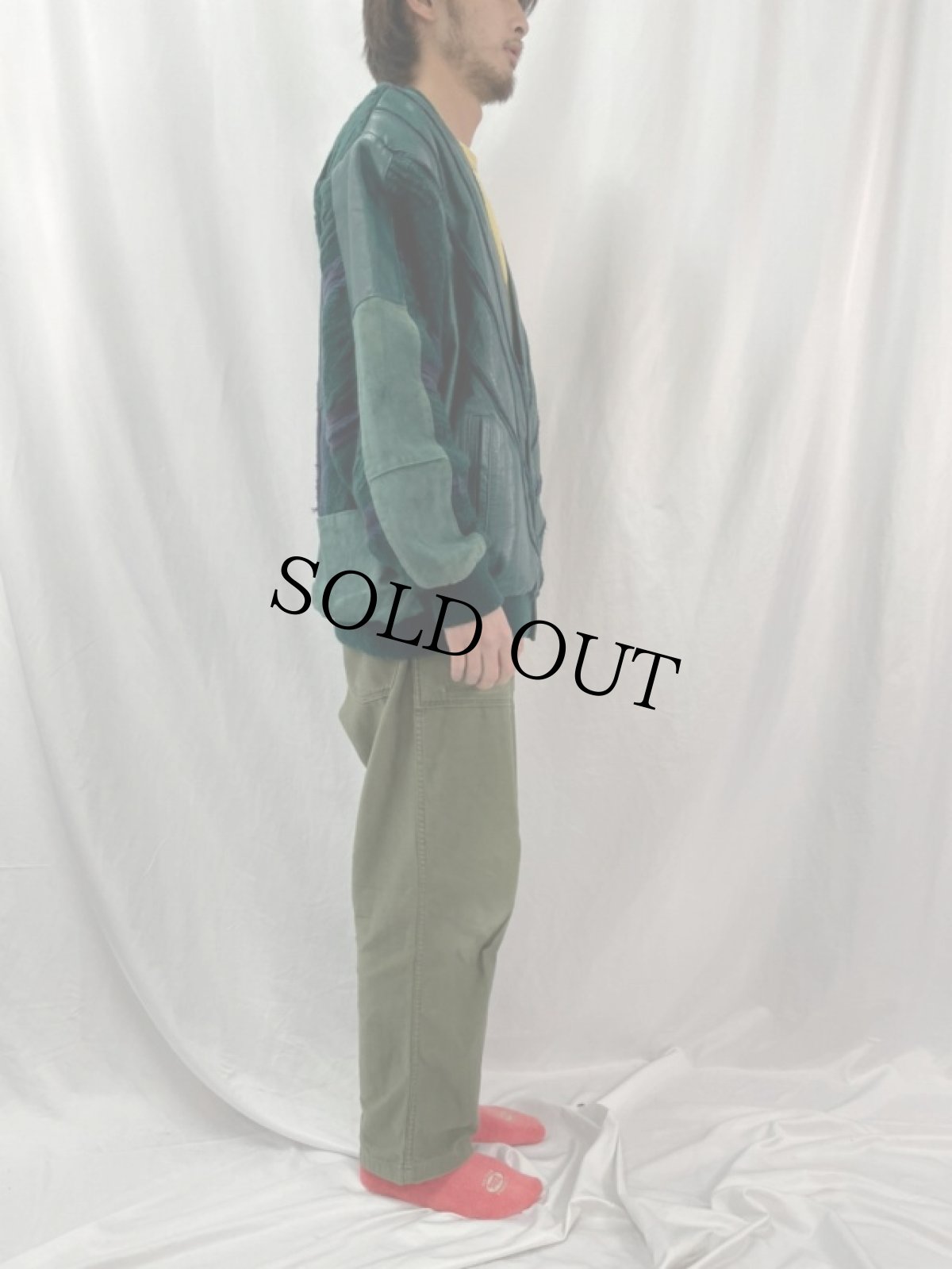 画像3: SAXONY パッチワークレザー×3Dニットジャケット L (3)