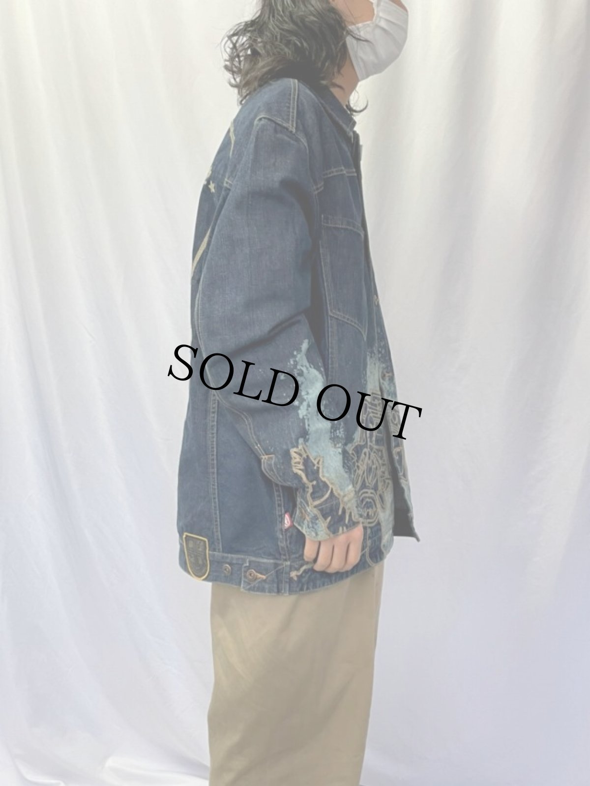 画像4: ecko 刺繍×ブリーチデザイン デニムジャケット XL (4)