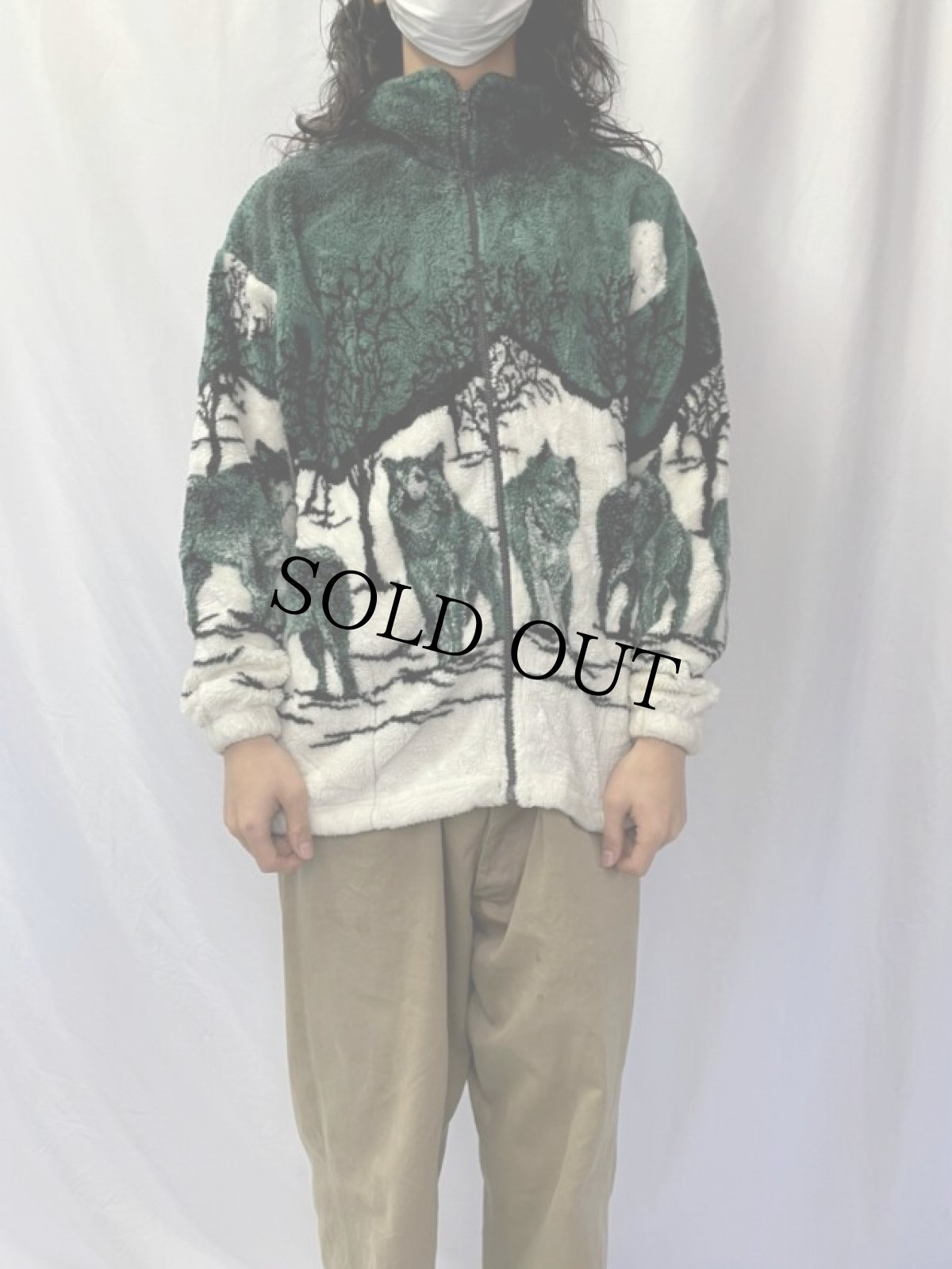 画像2: 90's MAZMANIA USA製 オオカミ柄 フリースジャケット M (2)