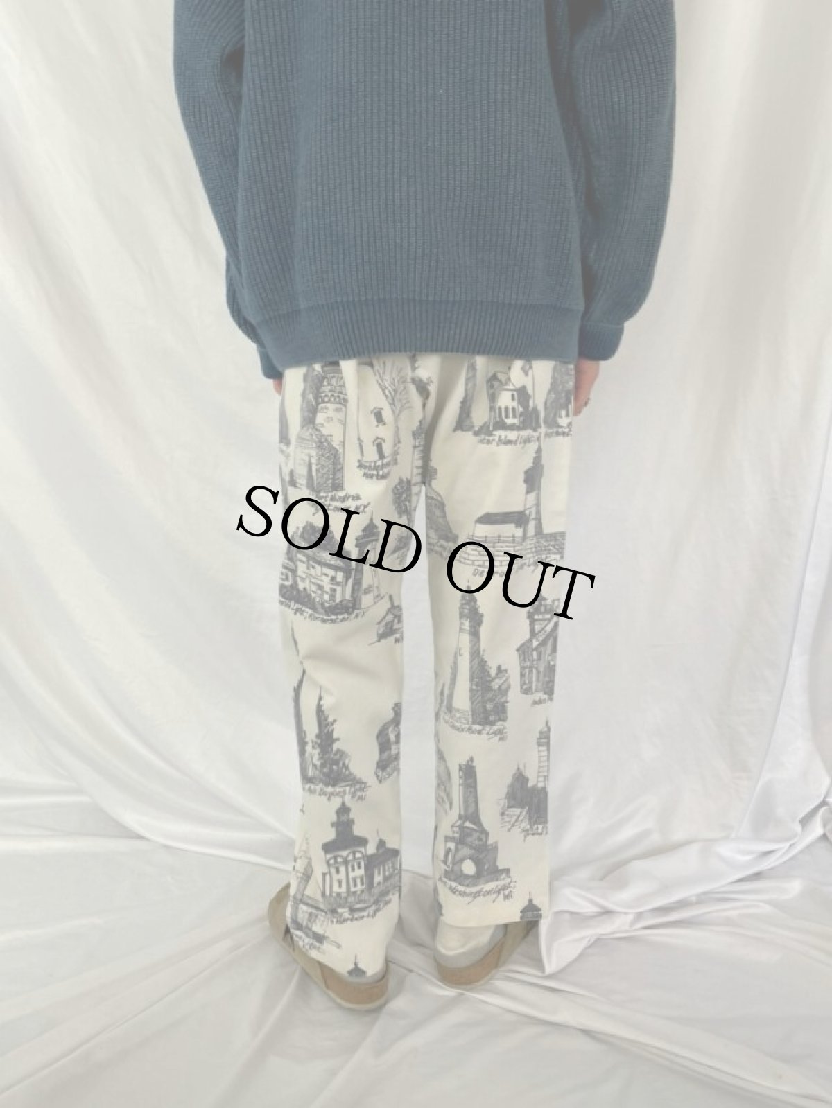 画像4: 80〜90's MICHIGAN RAG ライトハウス柄 コットンポリイージーパンツ L (4)