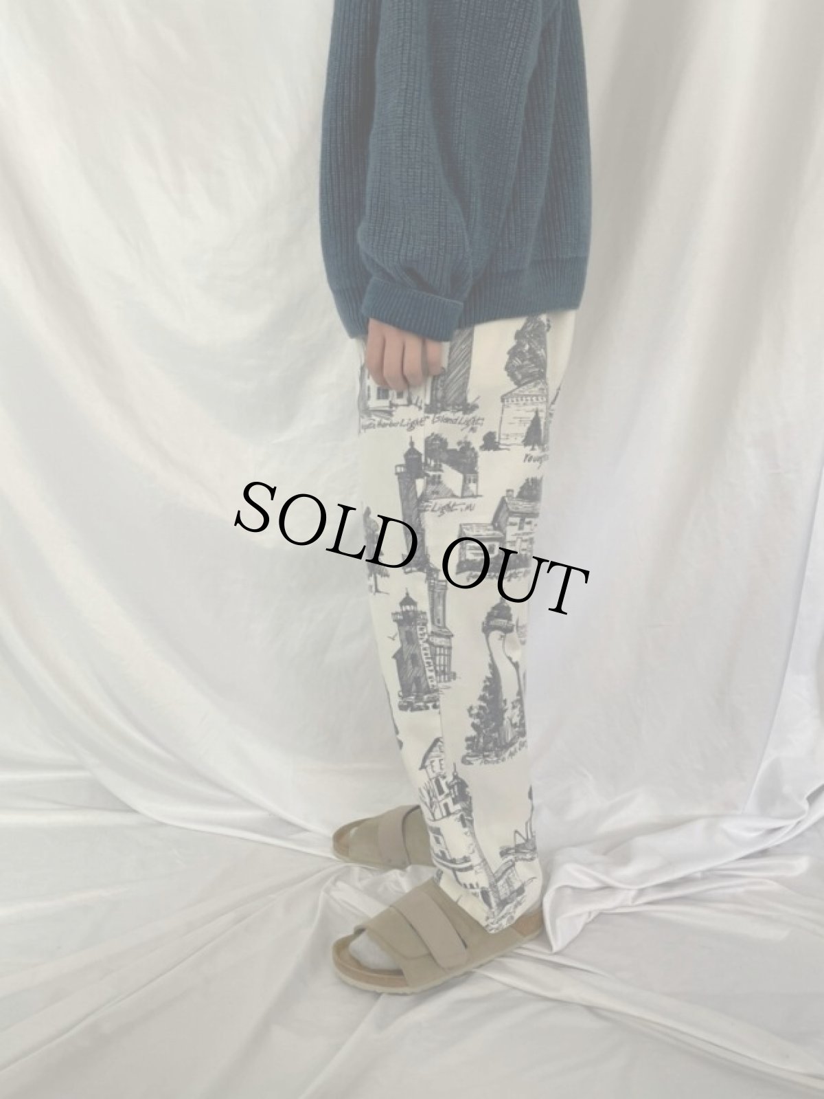 画像3: 80〜90's MICHIGAN RAG ライトハウス柄 コットンポリイージーパンツ L (3)