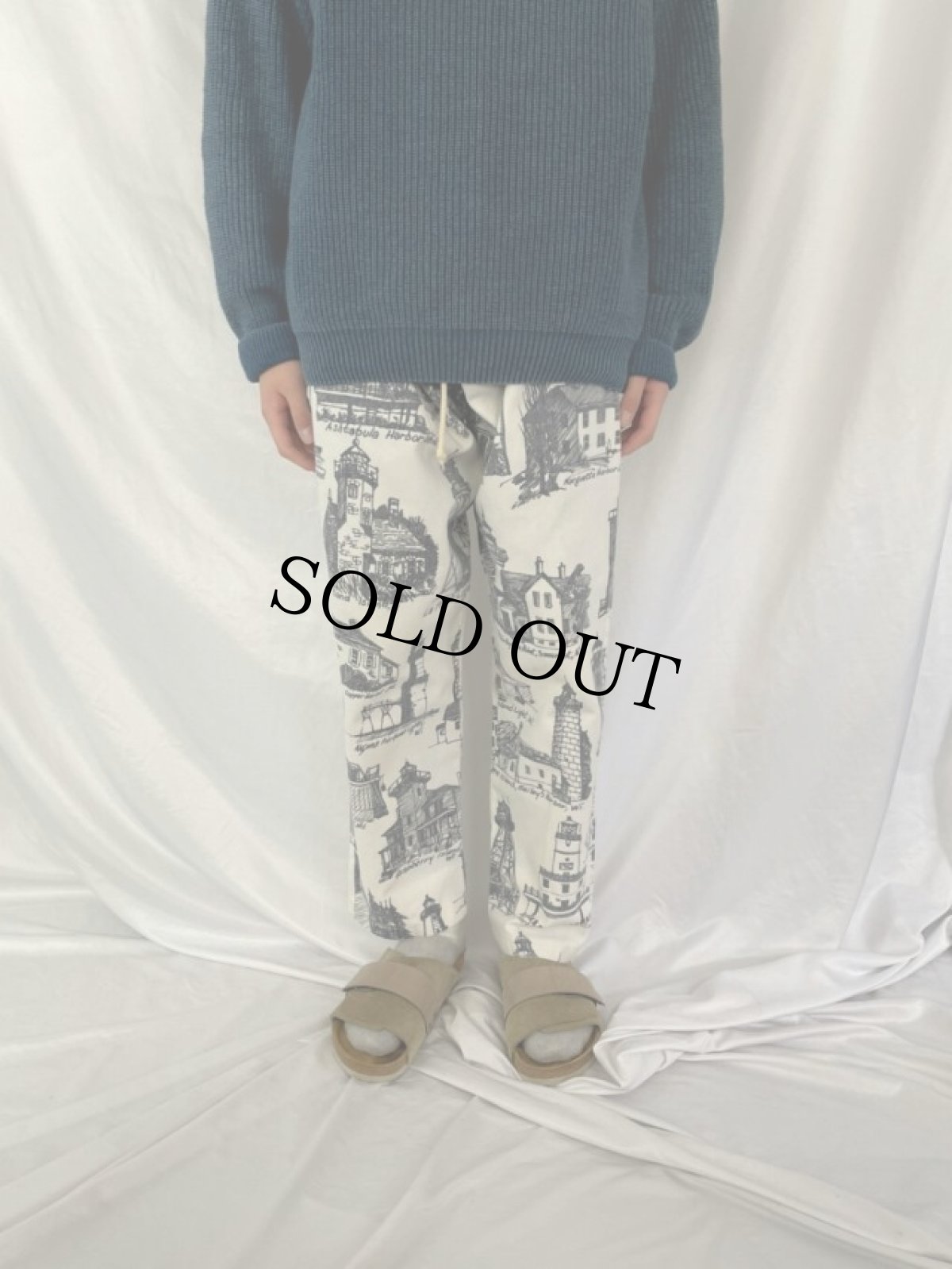 画像2: 80〜90's MICHIGAN RAG ライトハウス柄 コットンポリイージーパンツ L (2)